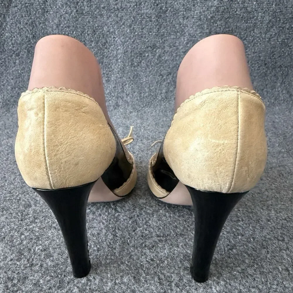 Red Valentino Peep Toe Pumps Patent Leather Black Beige Scalloped Bow Heels 37